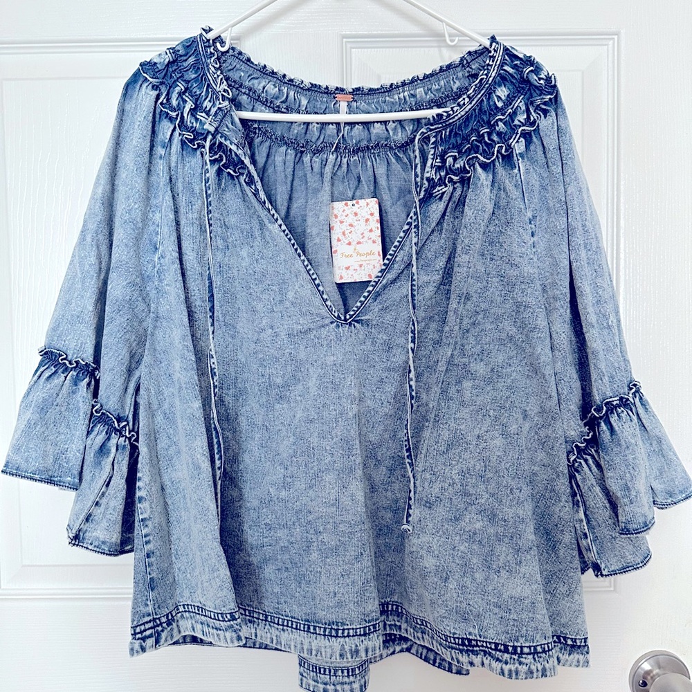 Free People Jean Ruffle Neck Blouse Size L